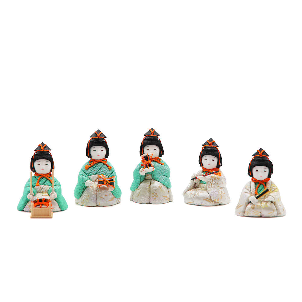 五人囃子 (GB-025) 五人囃子 緑の上着に金彩の生成り地 五人並び