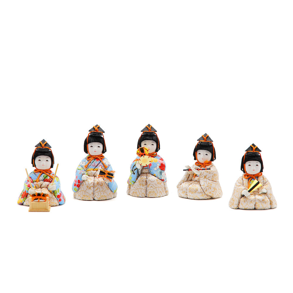 五人囃子 (GB-015) 五人囃子 水色の花染めと金の唐草 五人並び