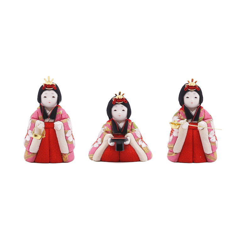 三人官女 (KN-053) 三人官女 濃い桃色の丹後縮緬に桜の刺繍