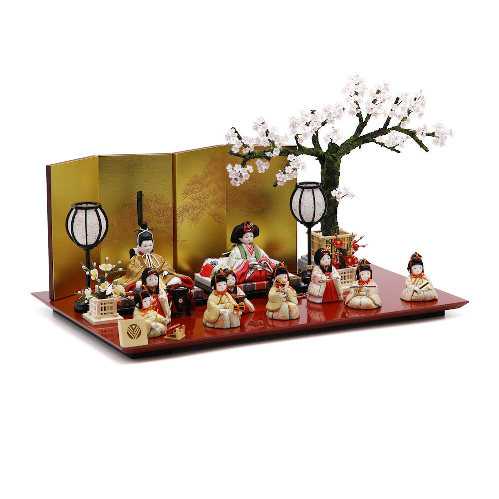 令和雛 十人飾り 赤塗半艶飾り台 小春桜一本飾り 15-10193-2052 セット 幅55cm コンパクト 雛人形