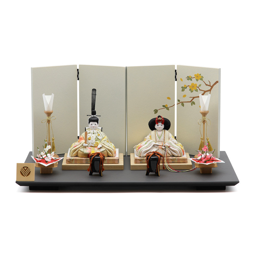 莉桜雛 親王飾り 一閑塗消炭色飾り台象牙色屏風 14-259-23122 セット 雛人形